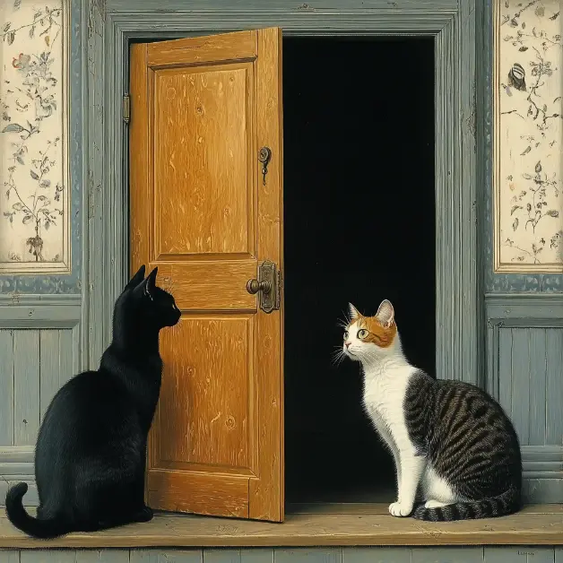 a door slightly open with one cat on each side