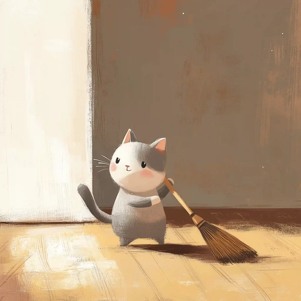 cat sweeping a floor with a broom