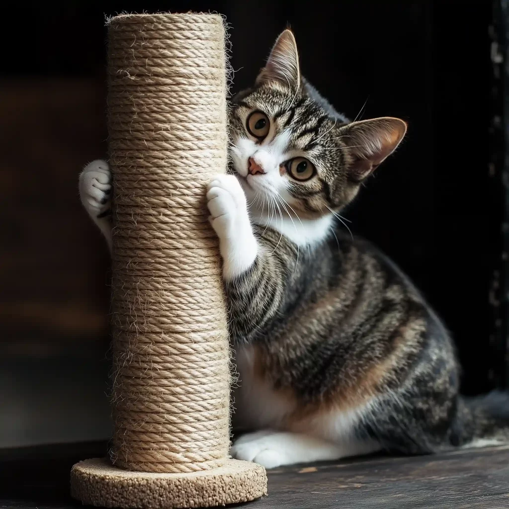 cat with paws on scratch post