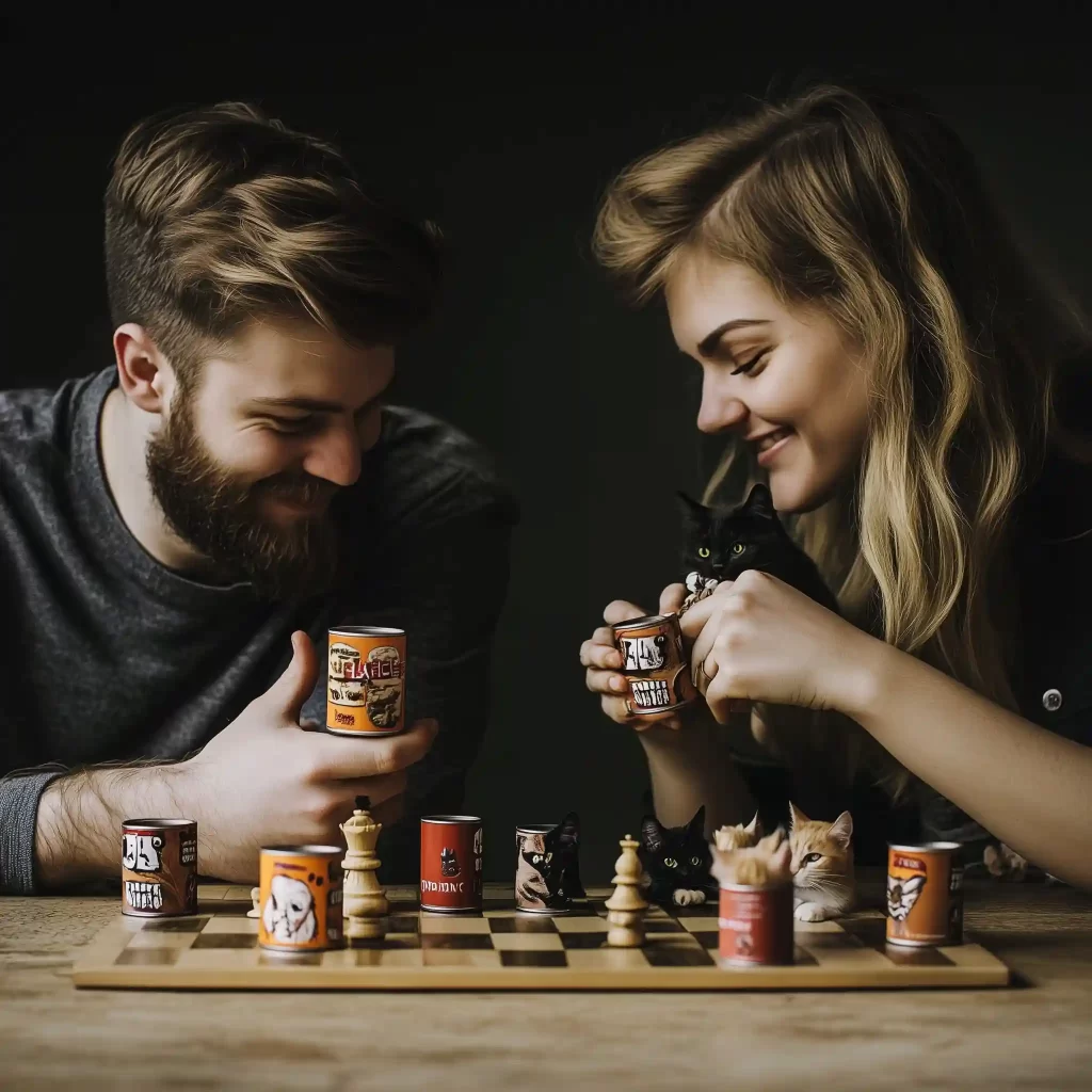 couple playing chess with cat food