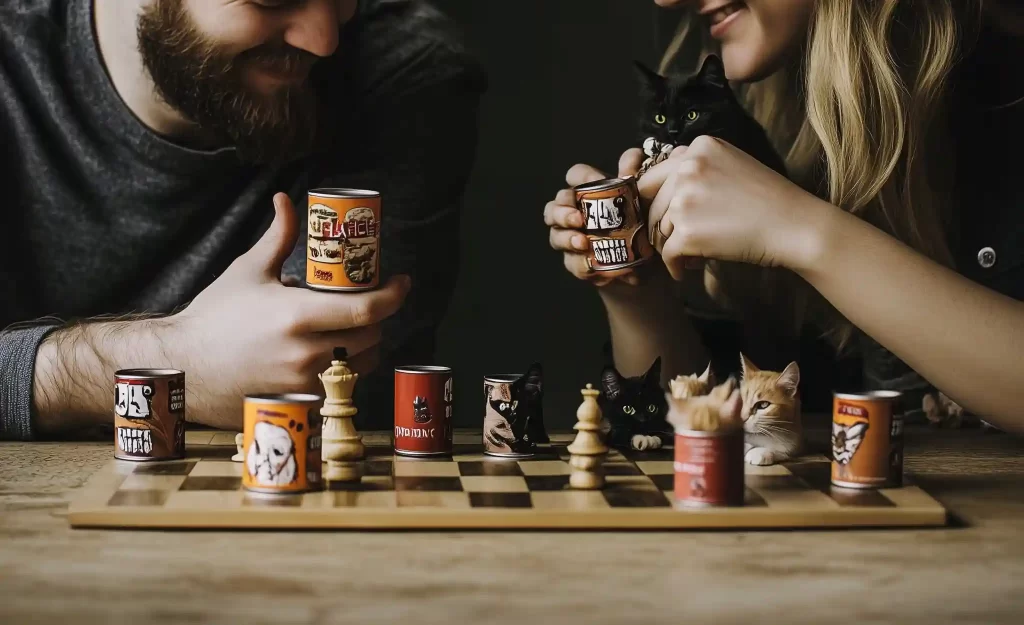 couple playing chess with cat food