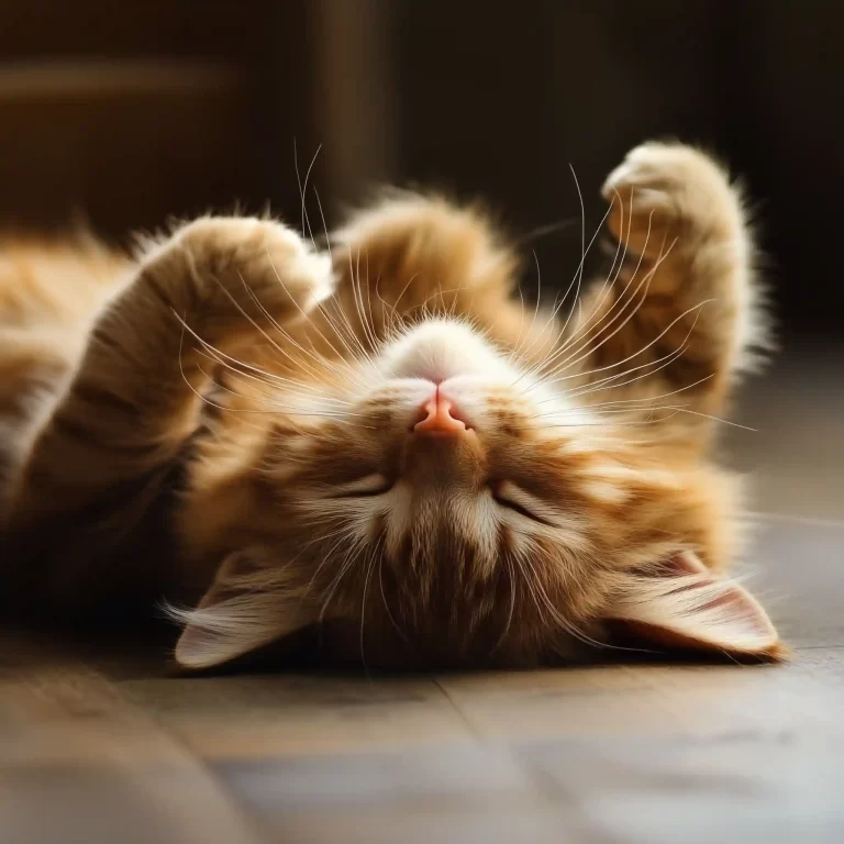 Cat sleeping on back with paws in the air