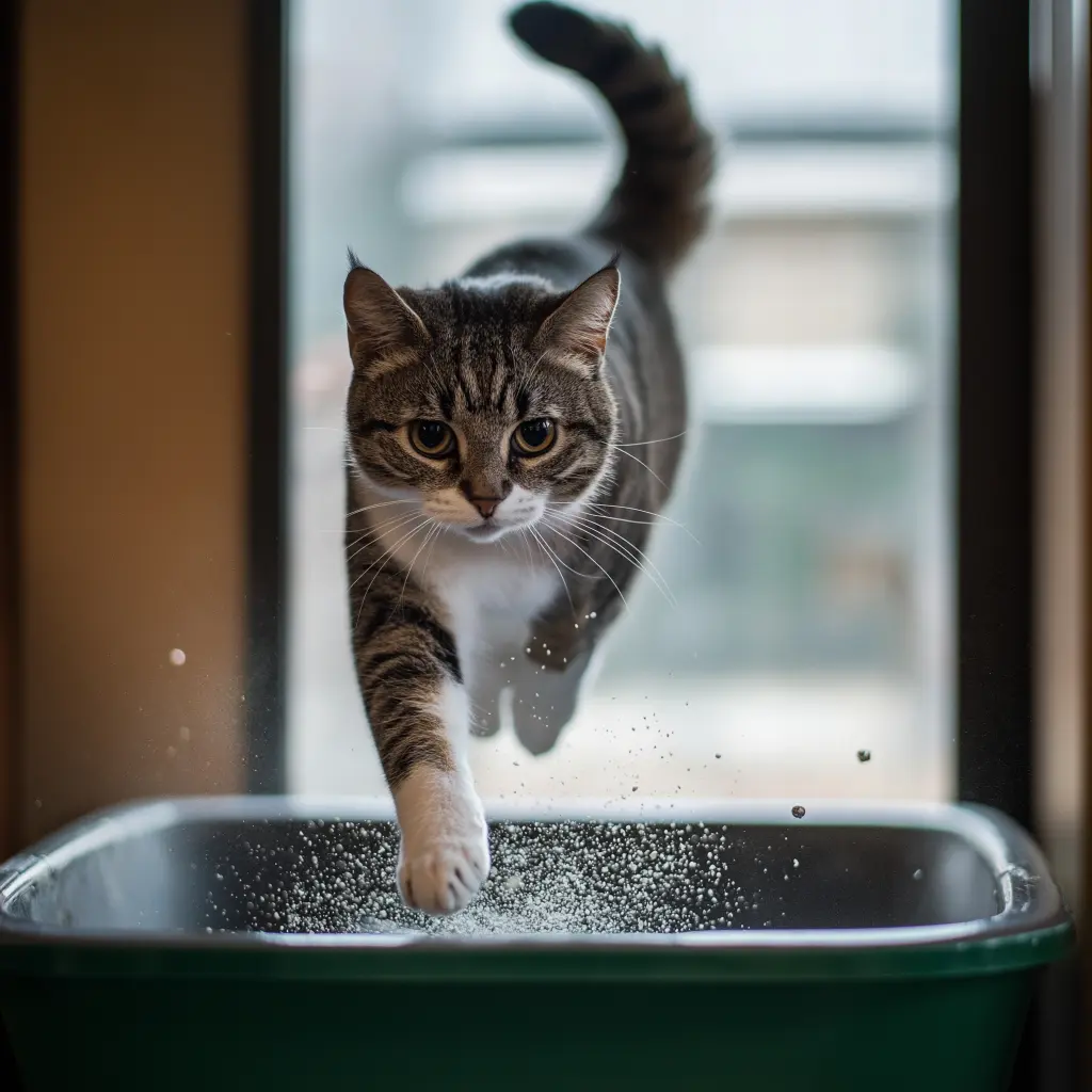 cat exiting a litter box