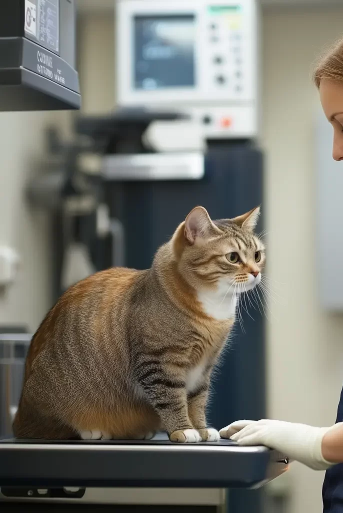 cat on a weigh scale next to a veterinarian