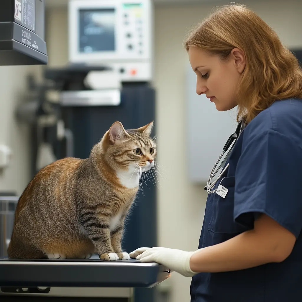 cat on a weigh scale next to a veterinarian