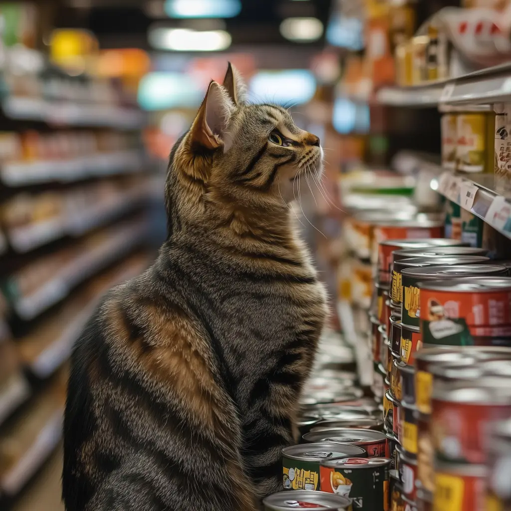 cat in a grocery store choosing between cans of food