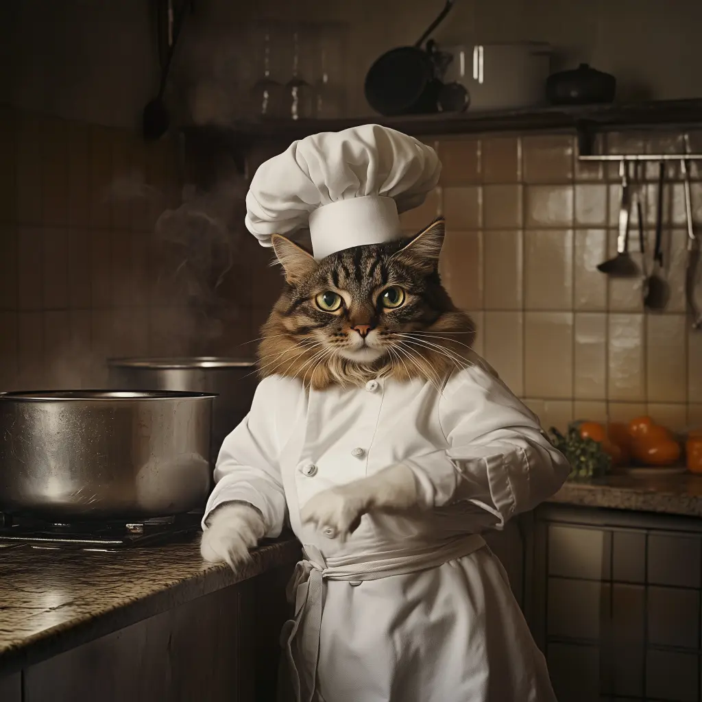 a cat in a chefs outfit in a kitchen