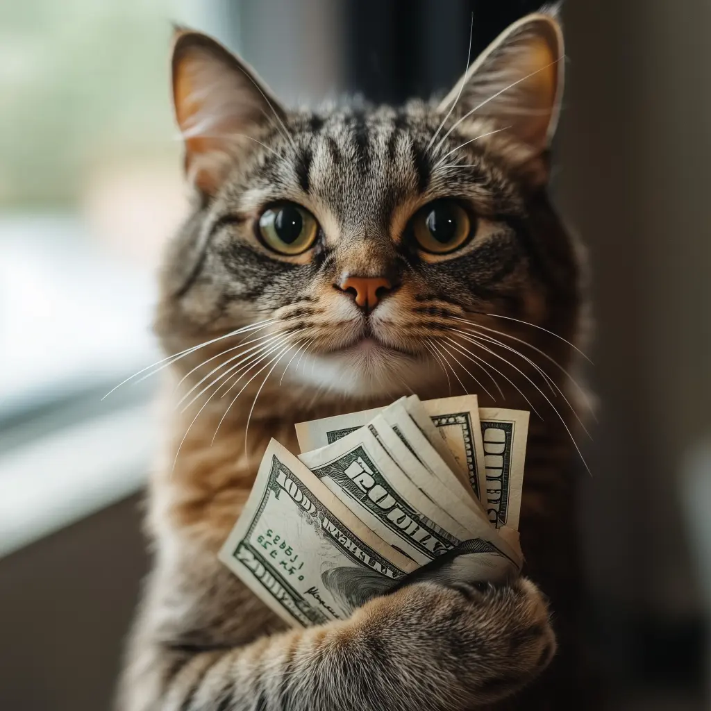 a cat holding a wad of cash