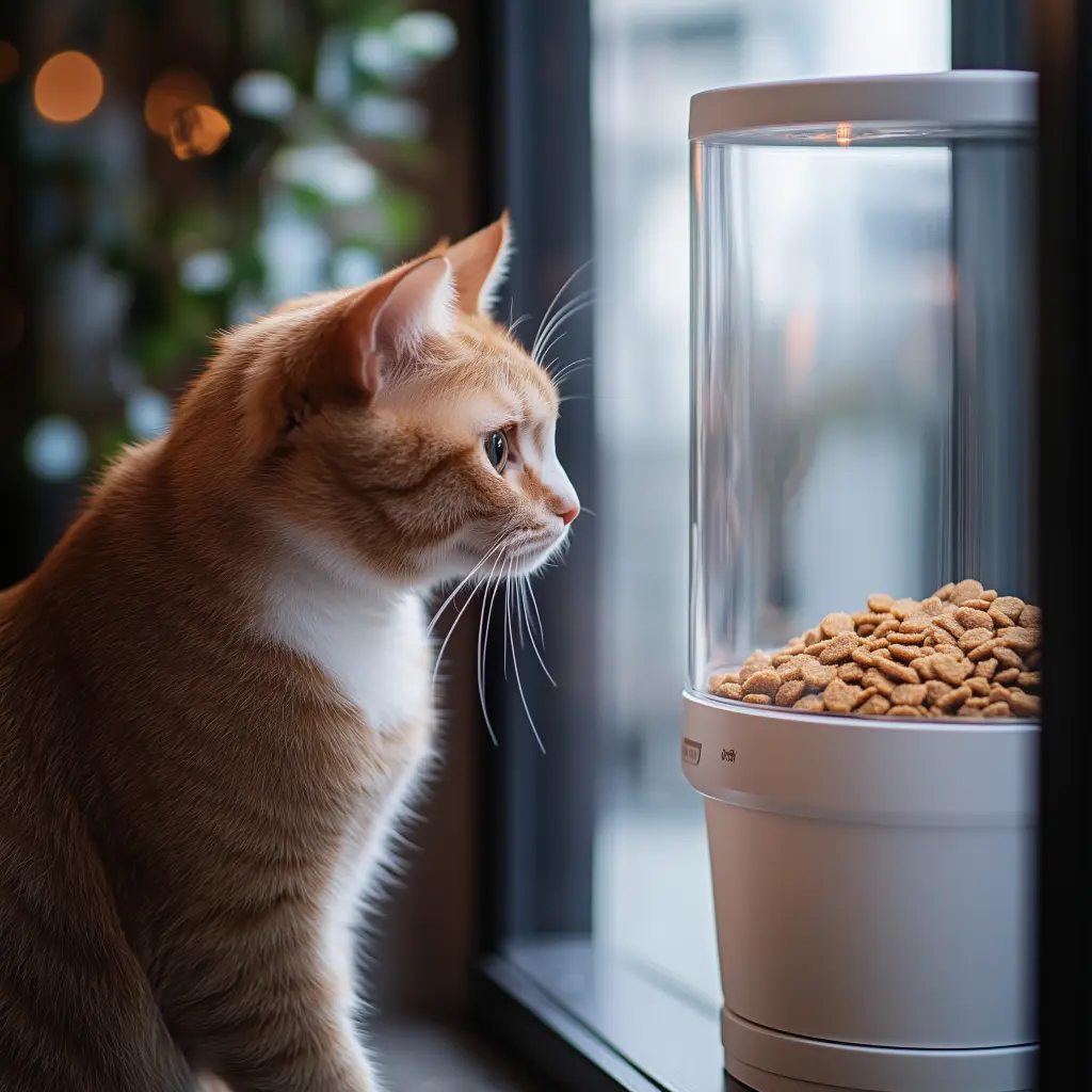 a cat looking at an automated pet food dispenser