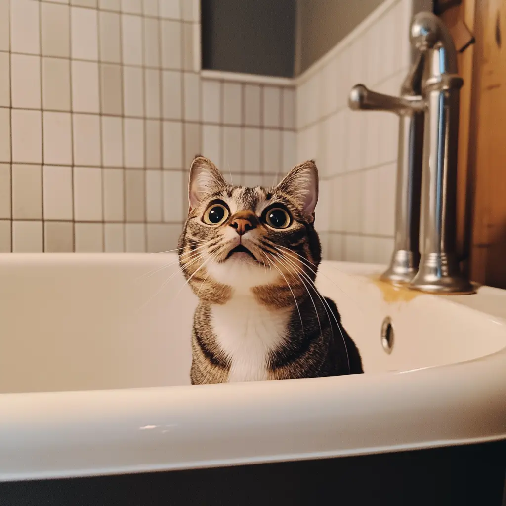 a cat in a bathtub looking worried