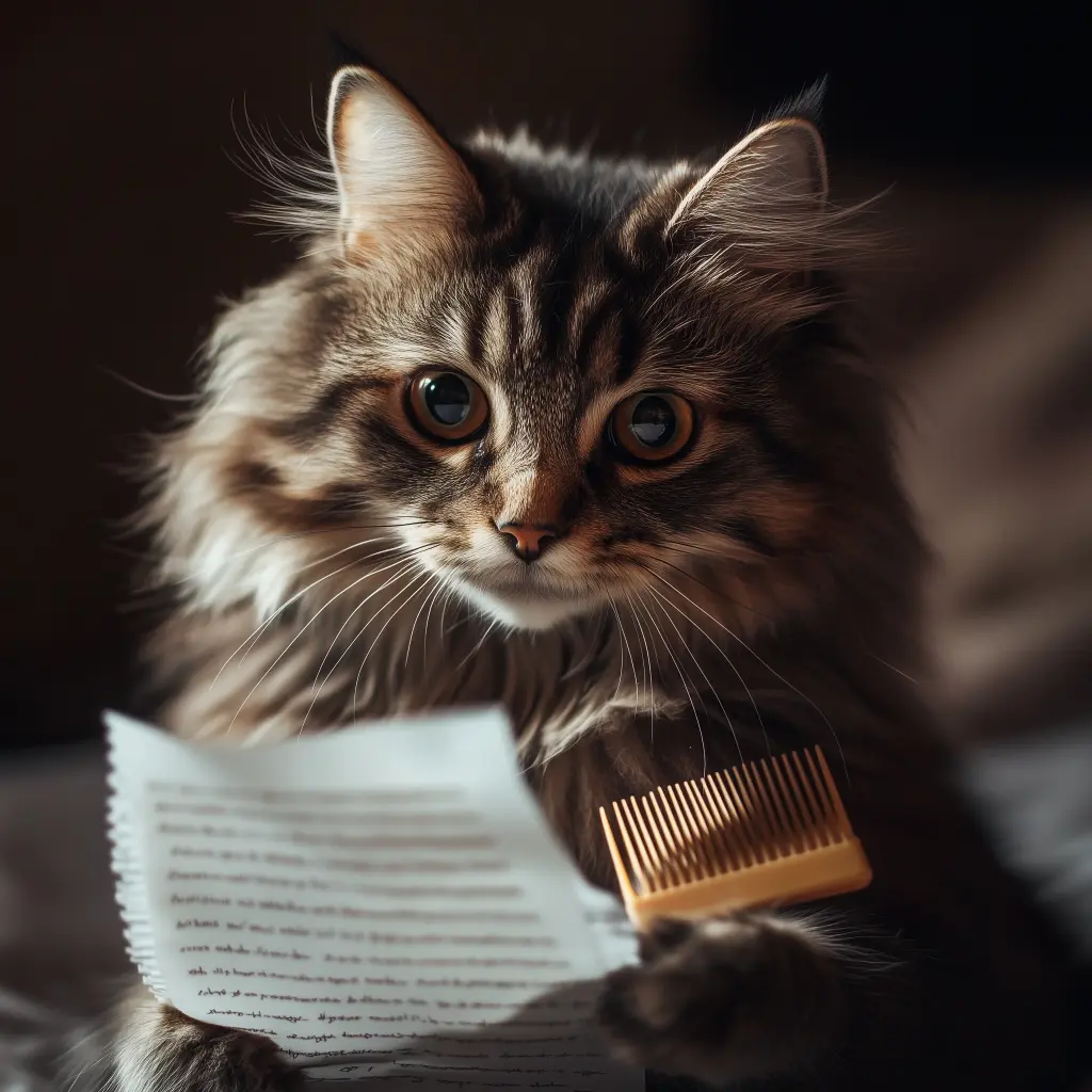 cat with a comb and paper in paw