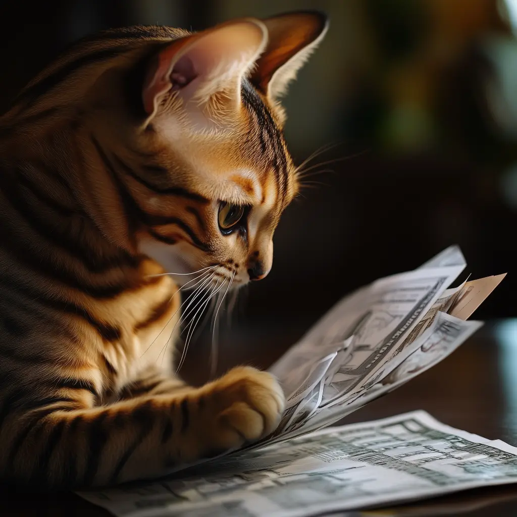a bengal cat helping their owner pay the bills