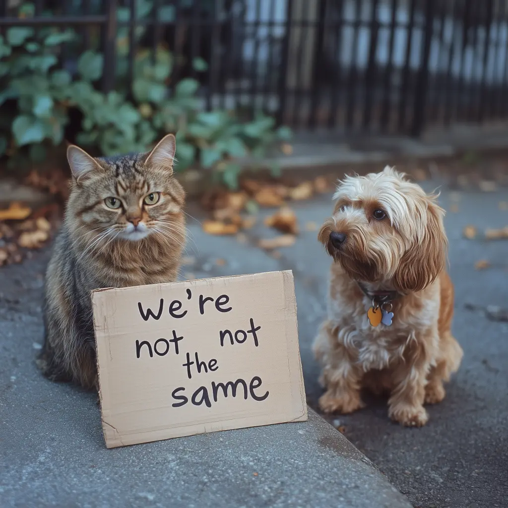 a cat and a dog with a sign that reads we're not the same