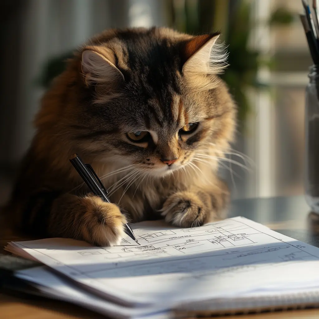 a cat at a desk writing a budget