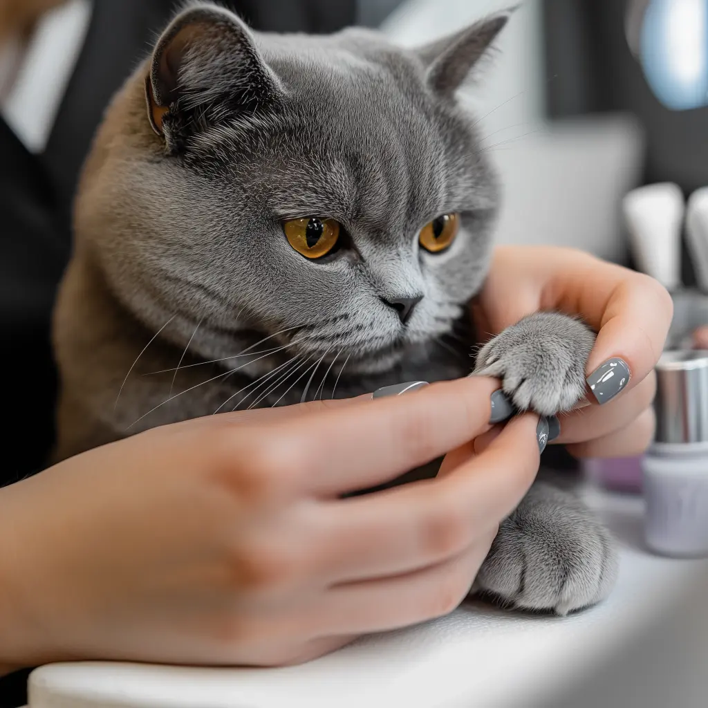 a cat at the nail salon getting a french manicure