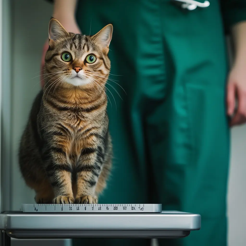 A cat at the vet getting weighed on a scale