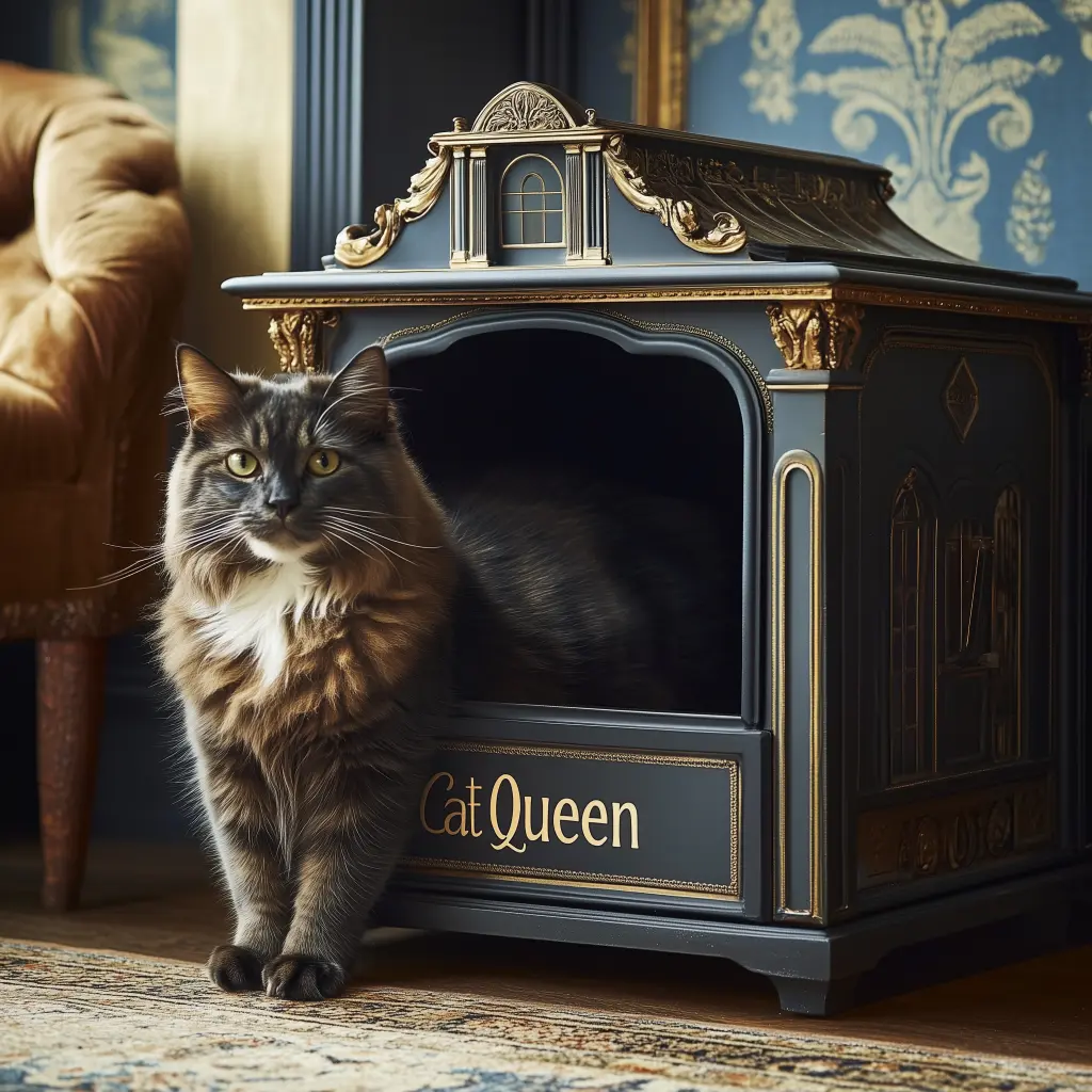 a cat coming out of a fancy looking litter box that reads Cat Queen
