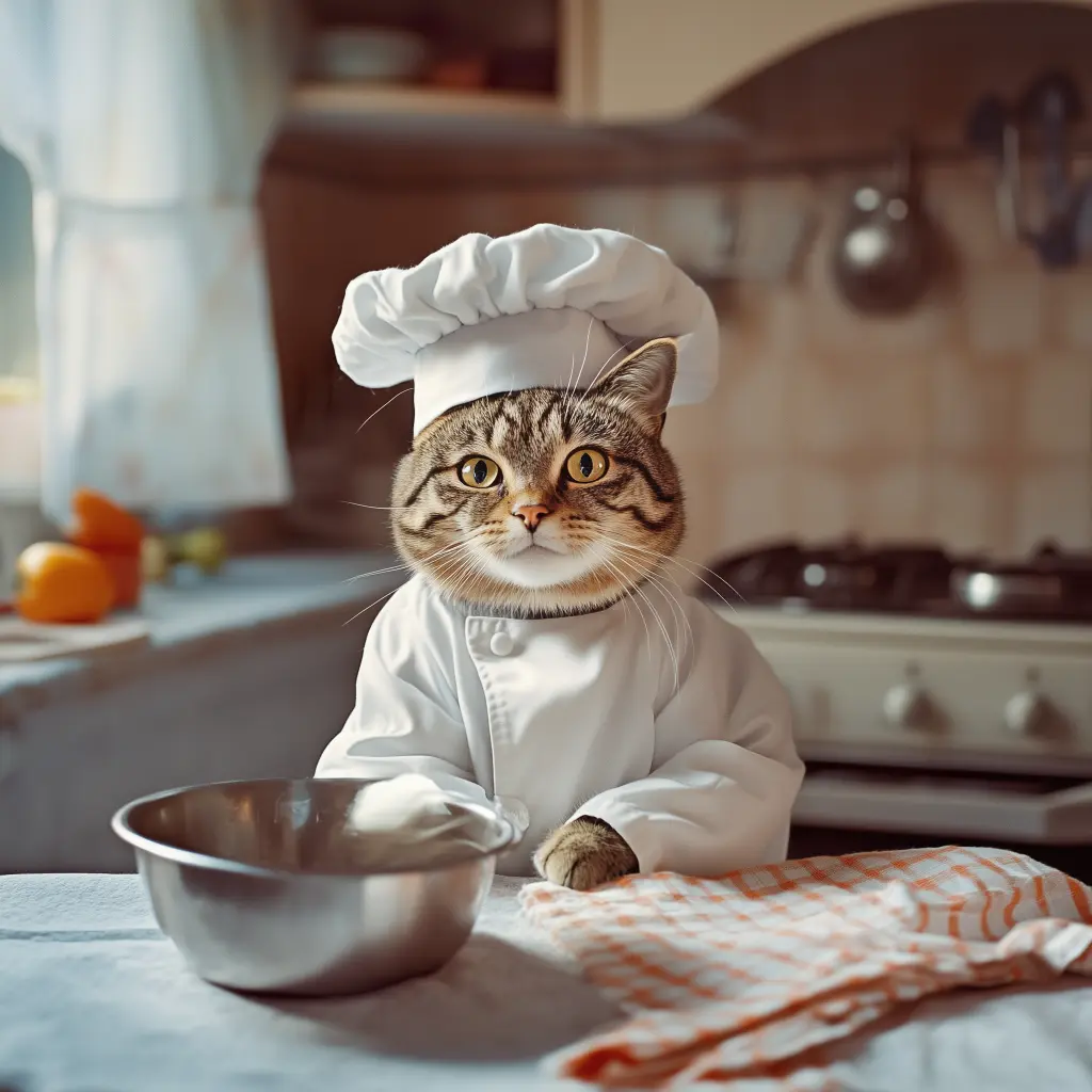 a cat in a chefs outfit in a kitchen
