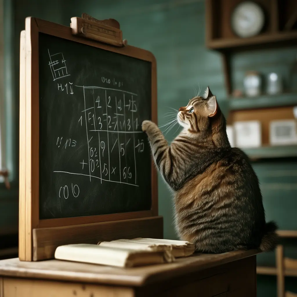 a cat in a classroom doing math on a chalkboard