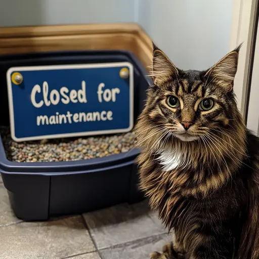 a cat in the front of a litter box with a sign that says closed for maintenance