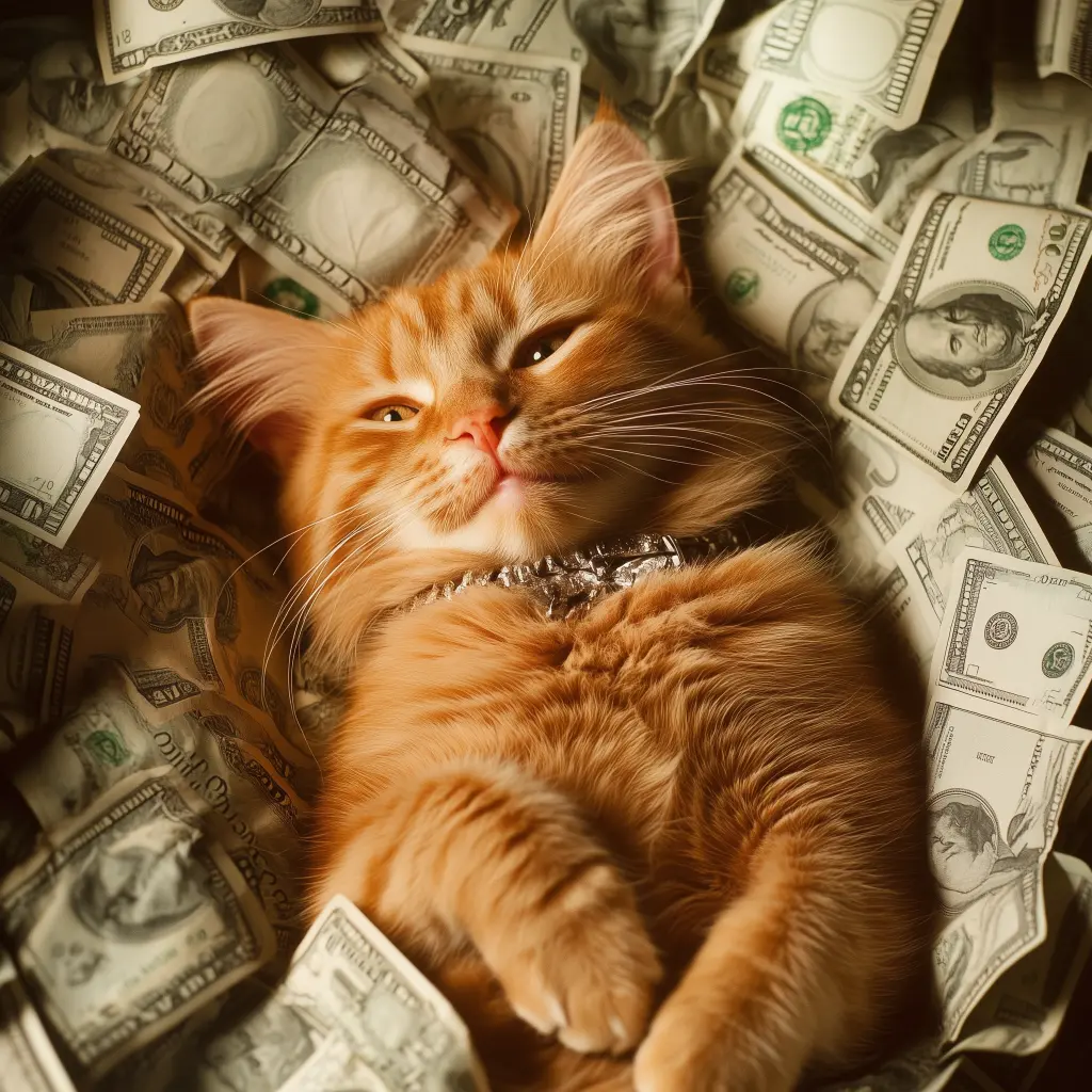 a cat laying in money