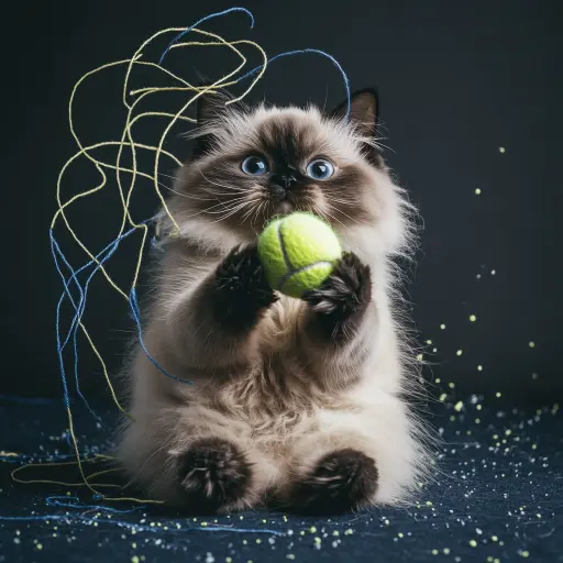 a cat playing with yarn a tennis ball and string