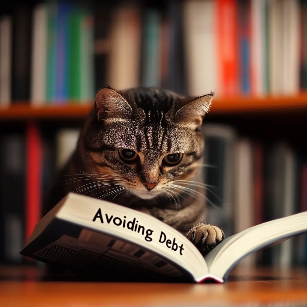 a cat reading a book called avoiding debt
