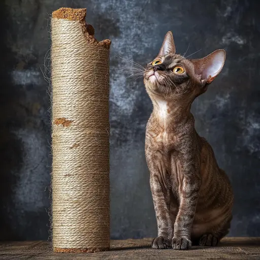 a cat standing beside a broken scratch post