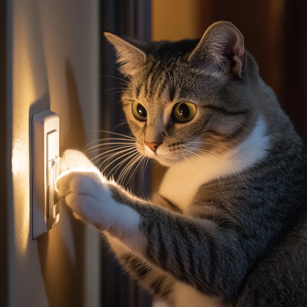a cat turning off a light switch