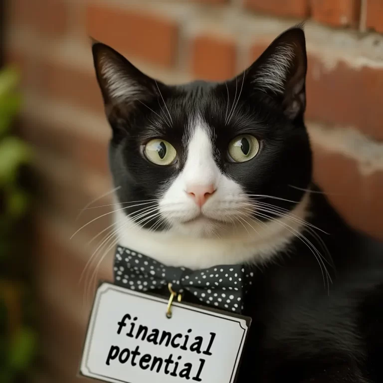 a cat with a bowtie with a sign that says financial potential