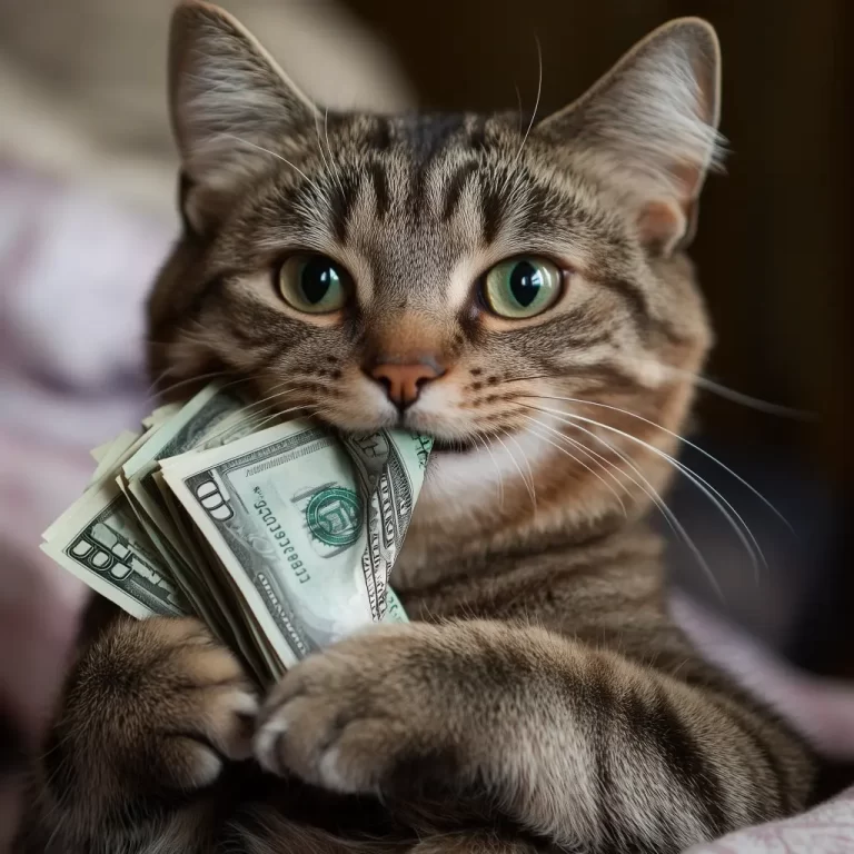 a cat with money in its mouth
