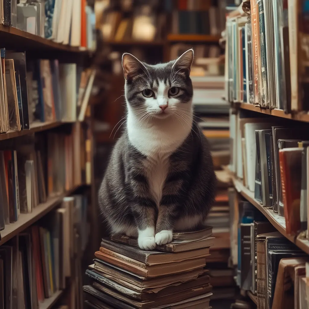 a gray and white cat in a library full of books