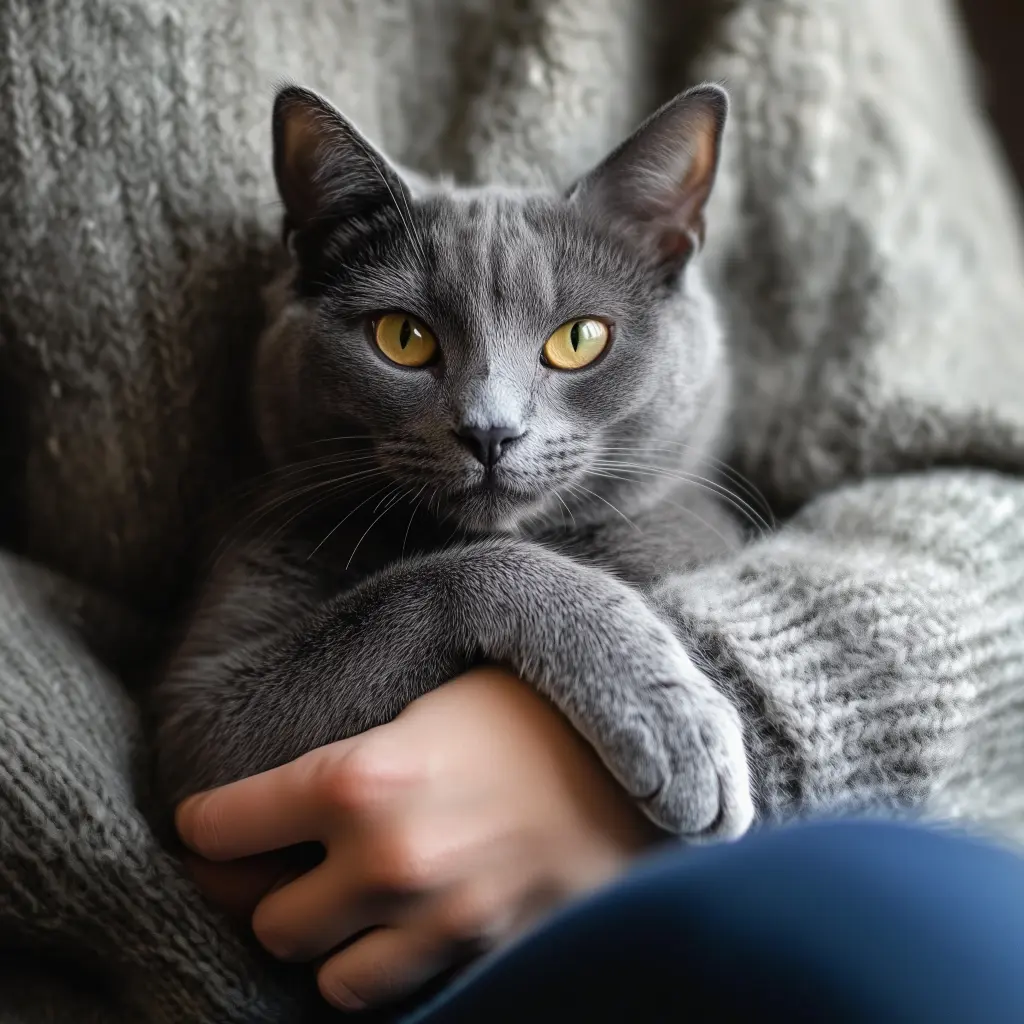 a gray cat sitting in their owners lap