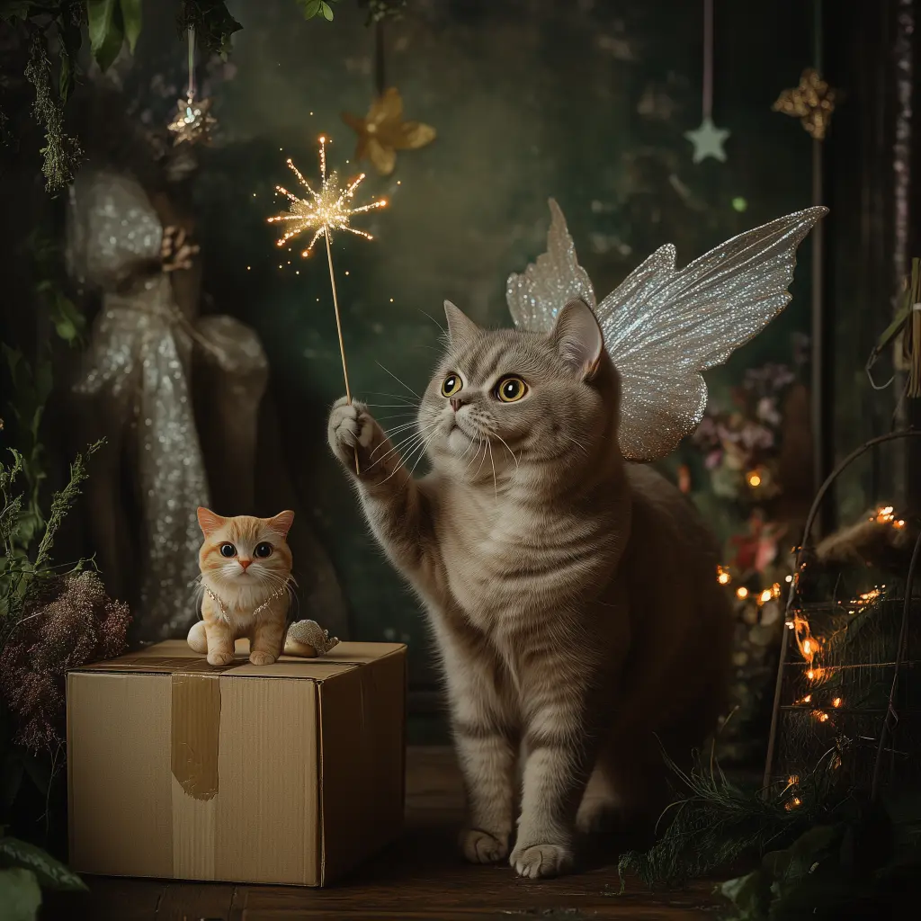 a kitten on a cardboard box with a cat fairy waving a wand