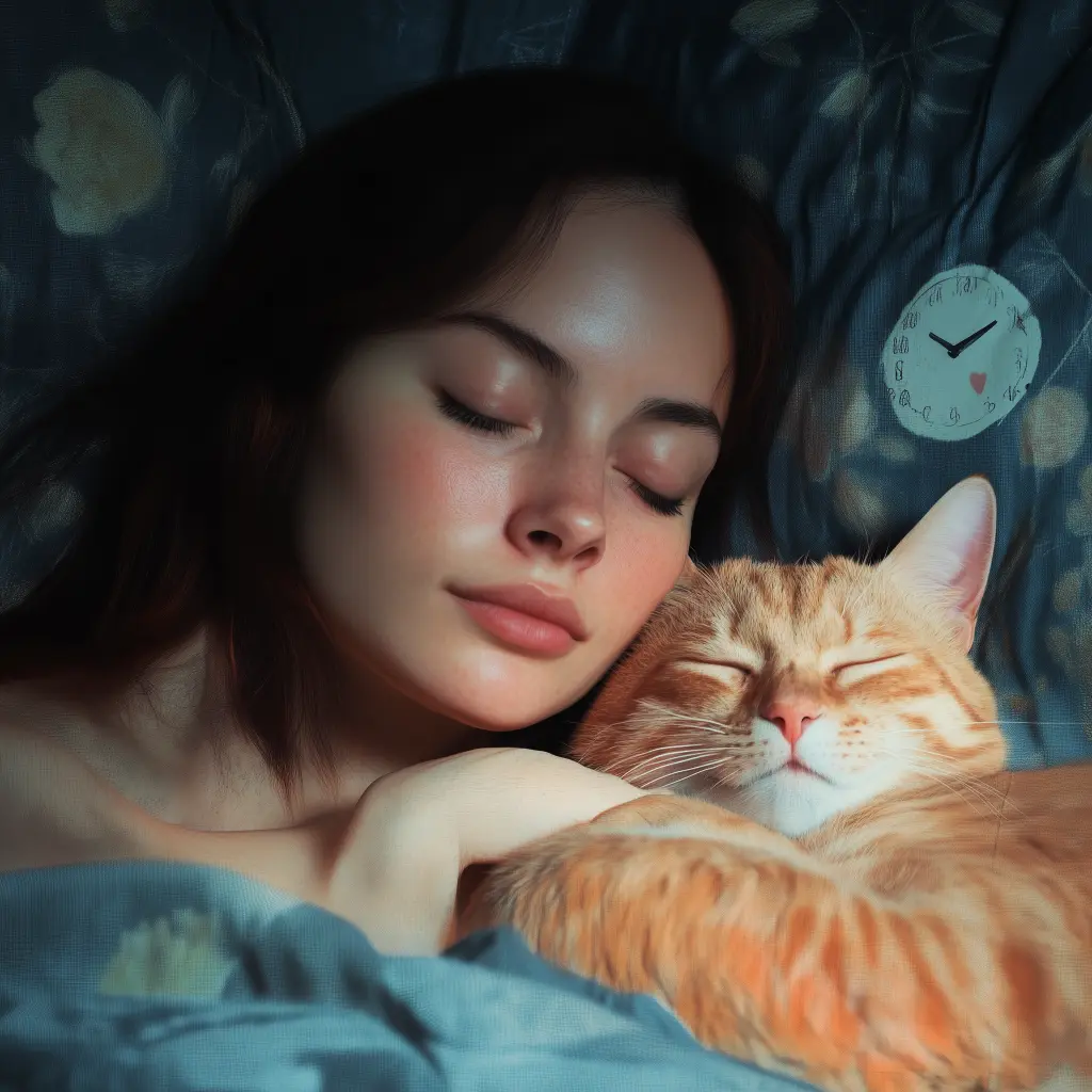 cat and woman catnapping together in bed