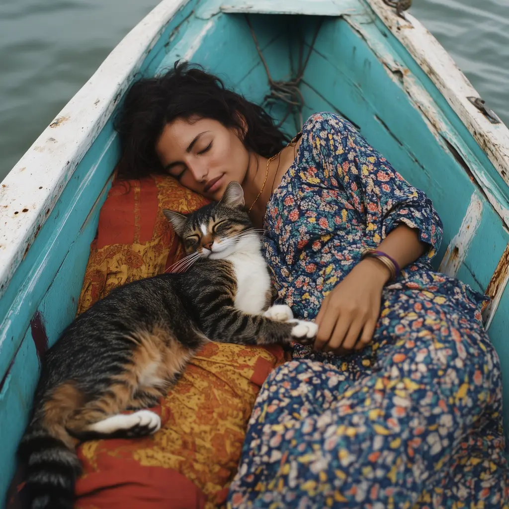 cat and woman sleeping on boat