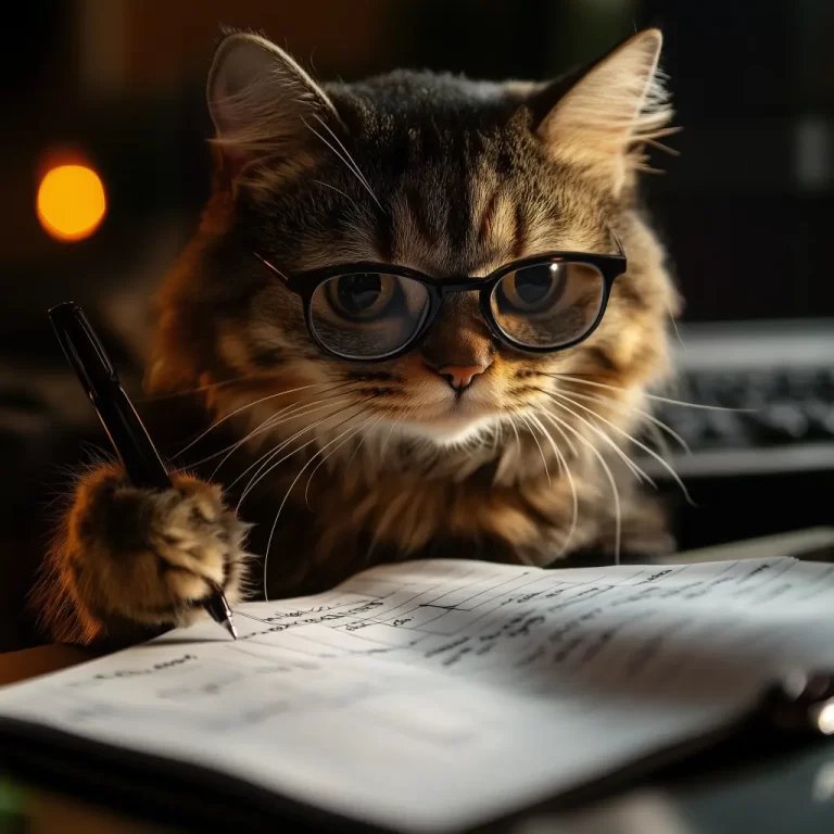 cat at a desk with pen and glasses writing a budget