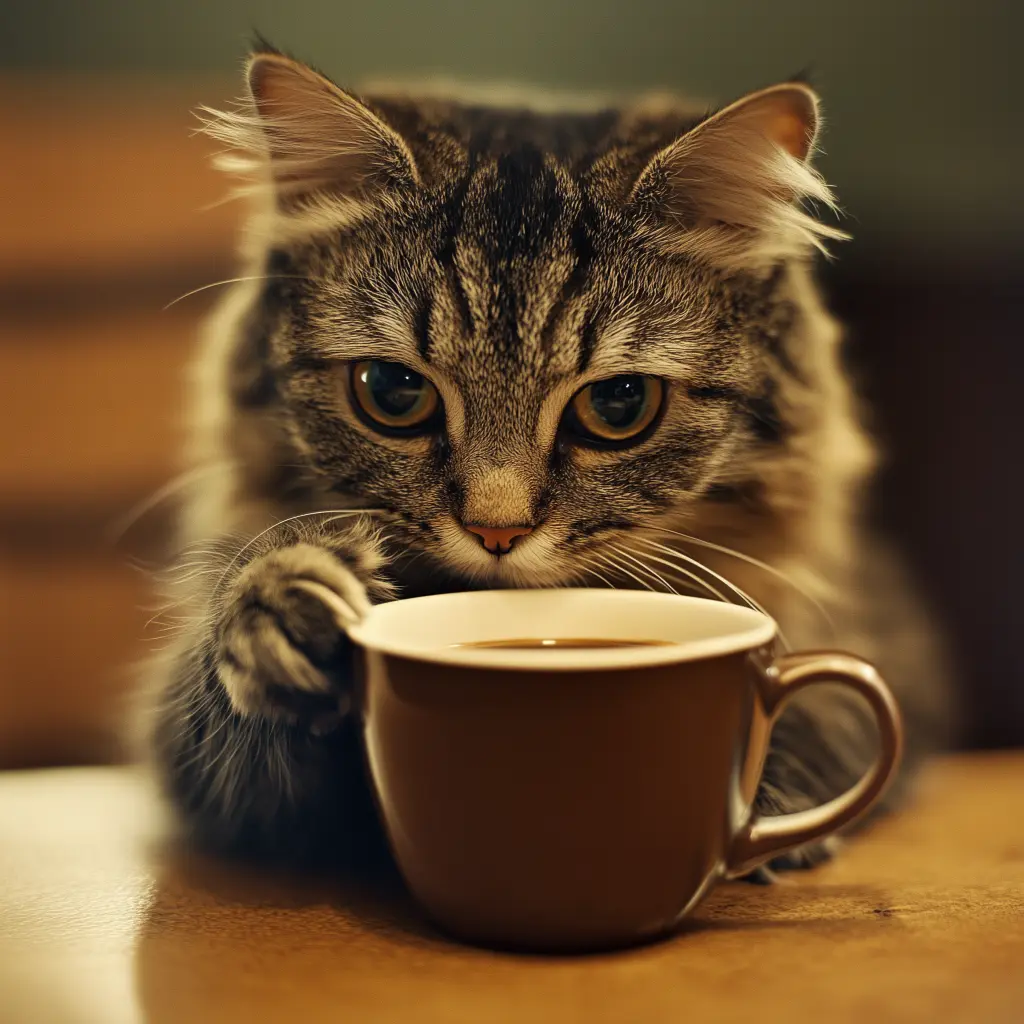 cat having a drink of coffee near bed time