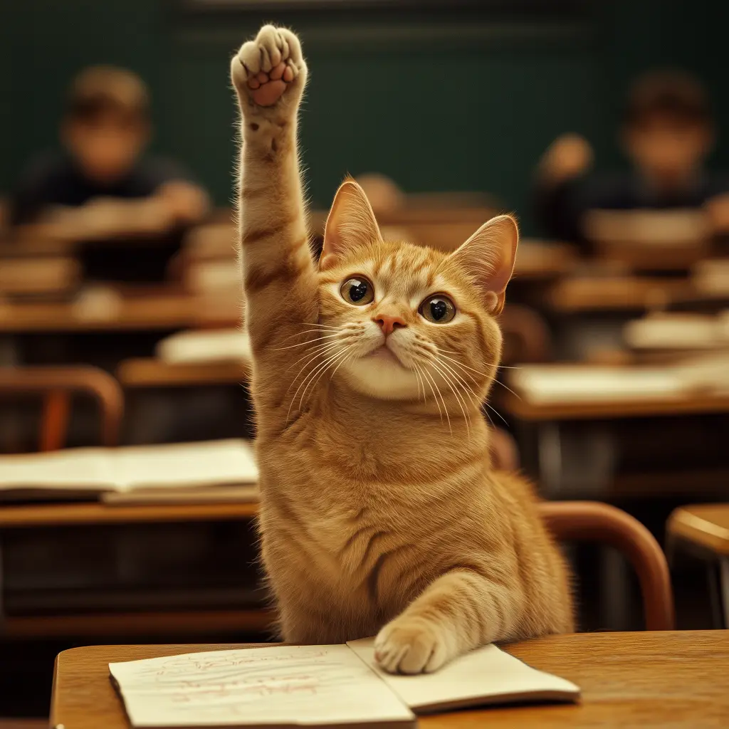 cat in a classroom posing as a student raising their paw in the air