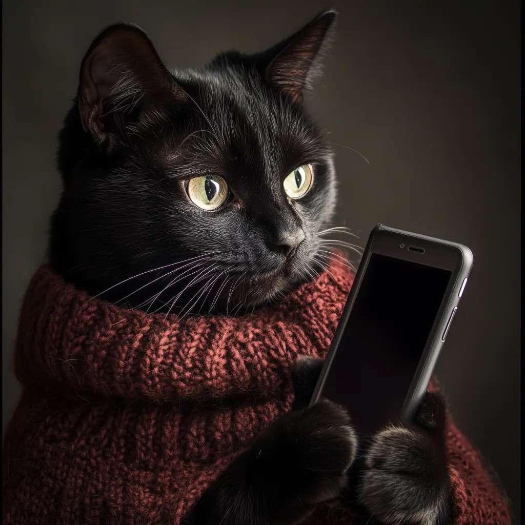 cat in sweater with cell phone in paw