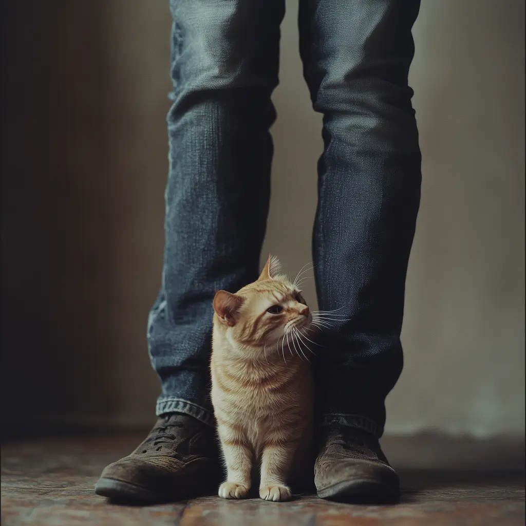 cat inbetween a set of still human legs with jeans on