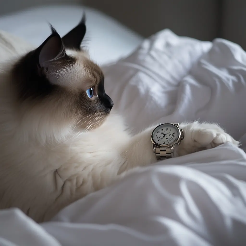 cat laying in a bed with a watch on its paw