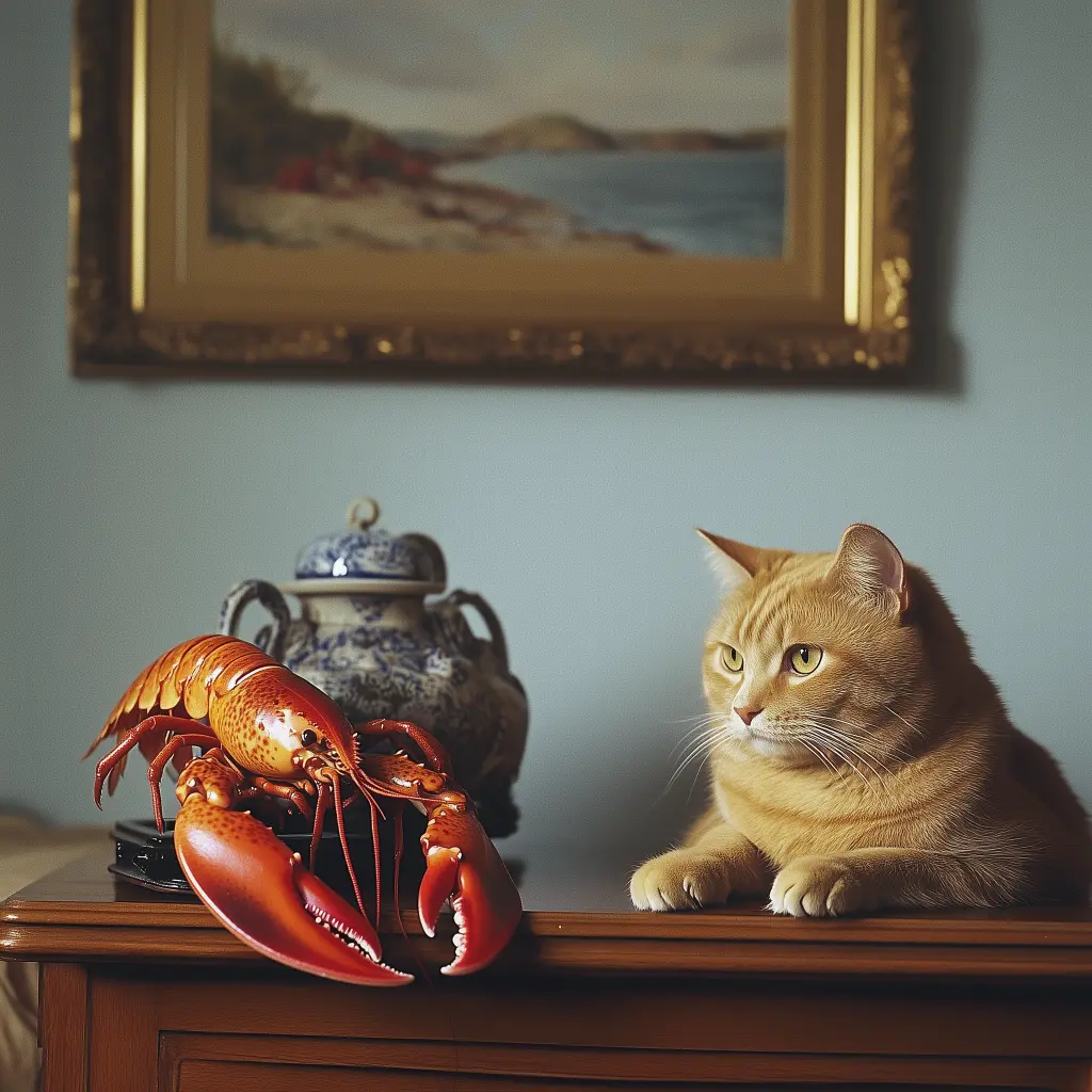 cat next to a lobster in a living room