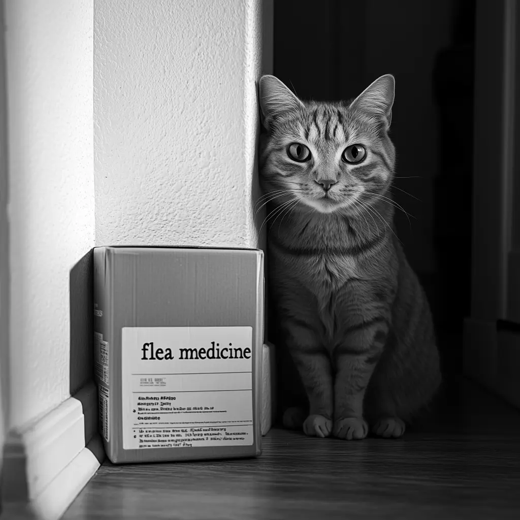 cat next to box that says flea medicine
