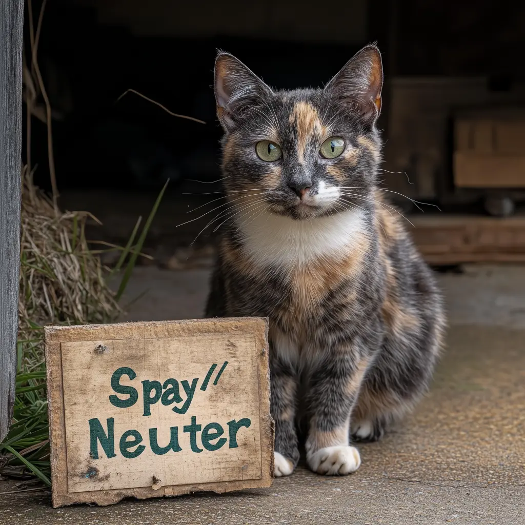 cat with sign that reads spay/neuter
