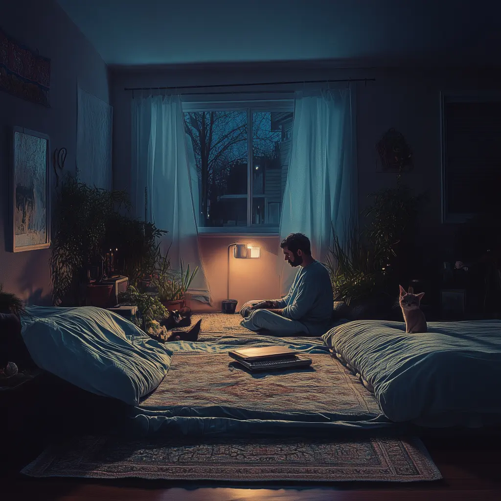 man in bedroom meditating before sleep