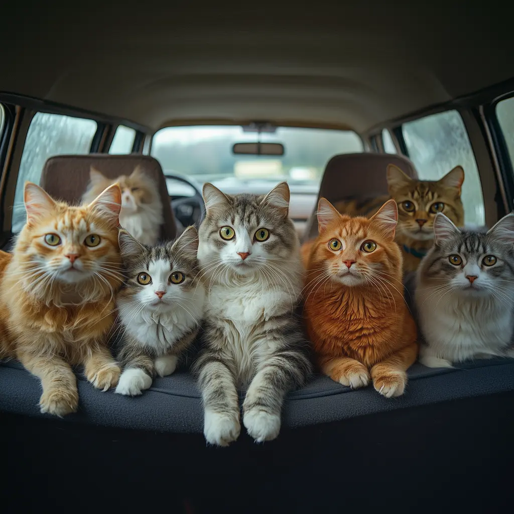 multiple cats in the back of a car