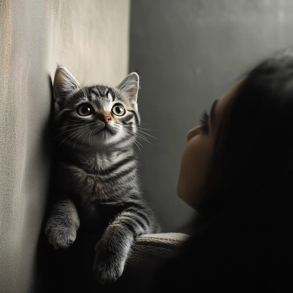 sad cat looking up next to owner