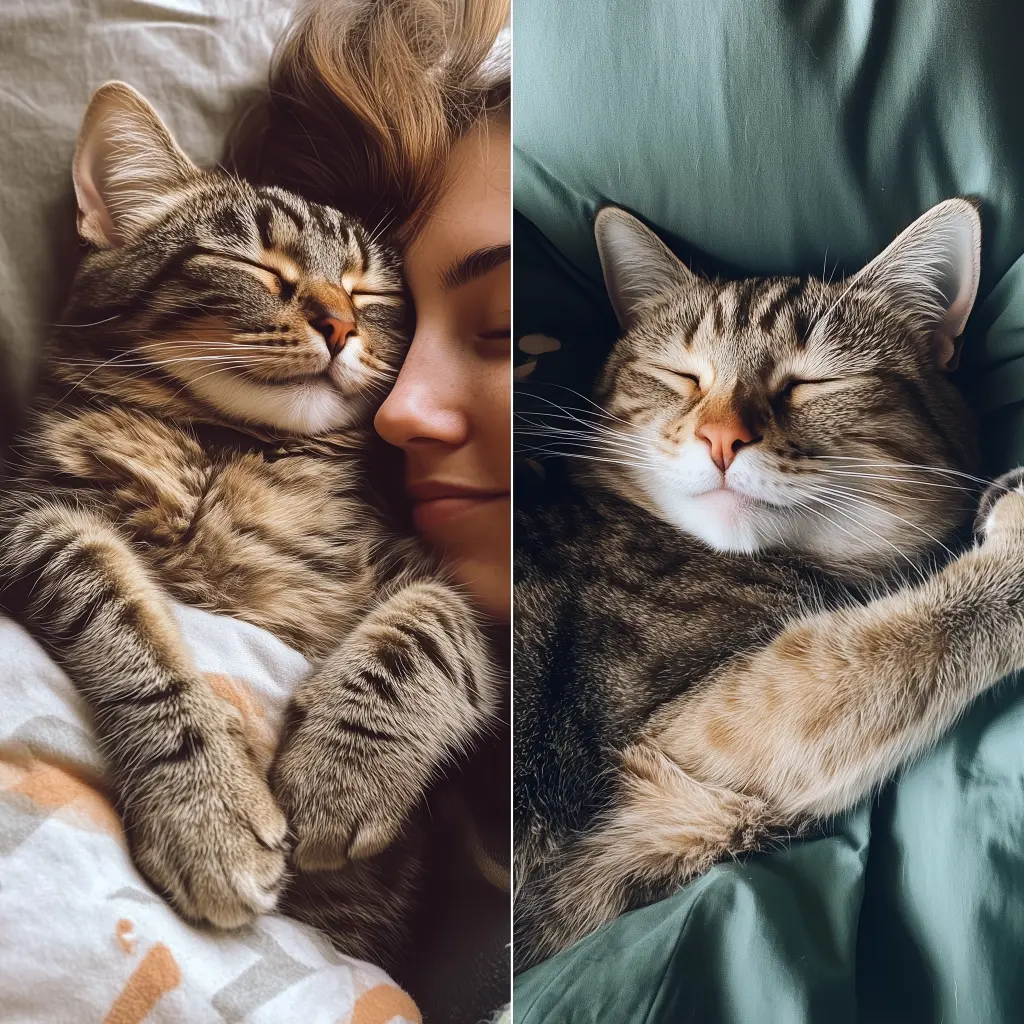 split image with one side a cat cuddling with owner and cat sleeping alone in the other