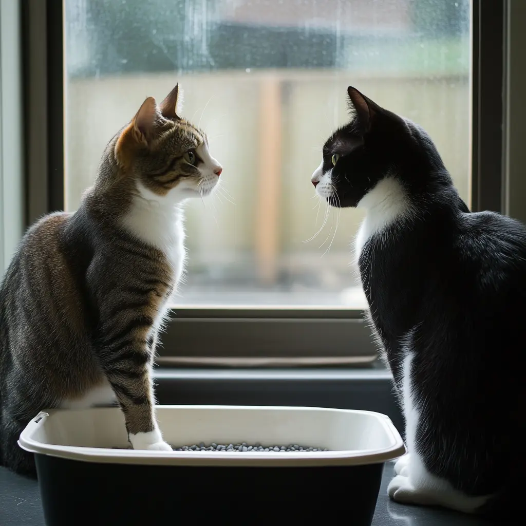 two cats looking at each other above a litter box